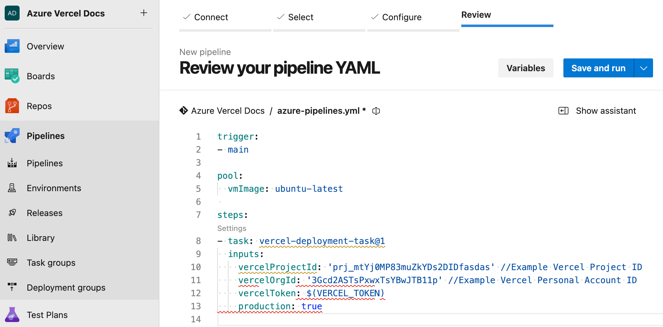 Azure Pipelines creation at the review stage to create variables and save/edit your pipeline