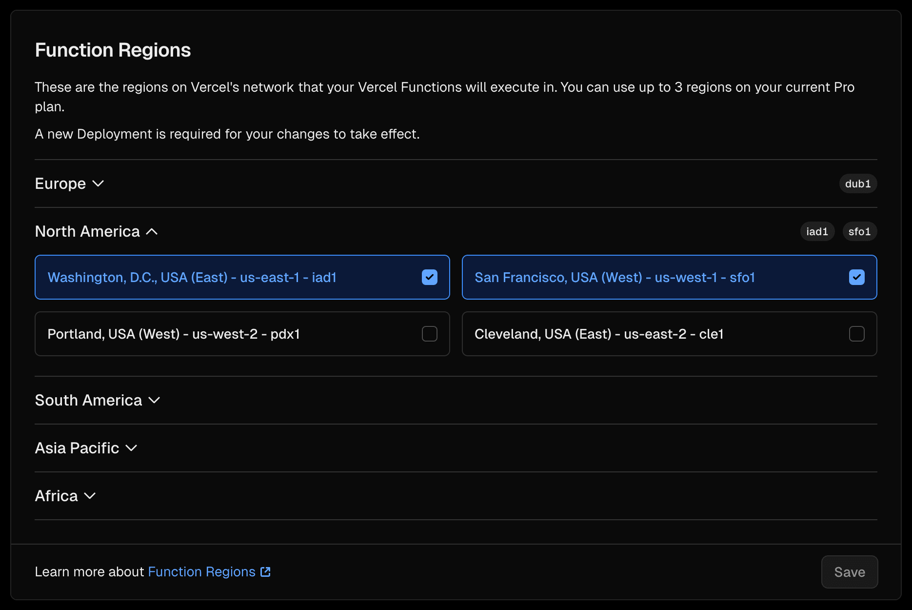 The Function Regions setting in a Vercel project's dashboard