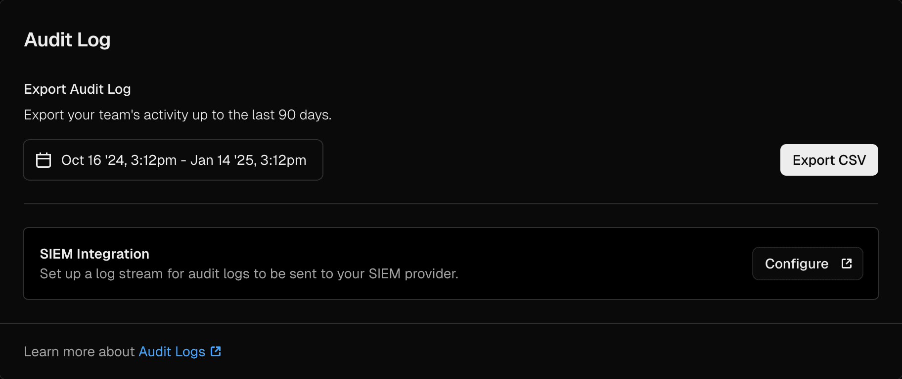 Select a timeframe to export audit logs for your team.
