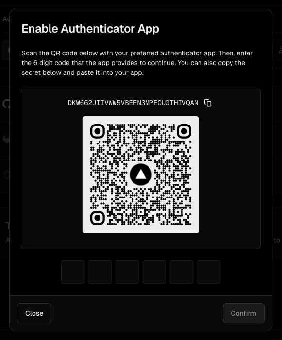 The time-based one-time password (TOTP) setup modal.