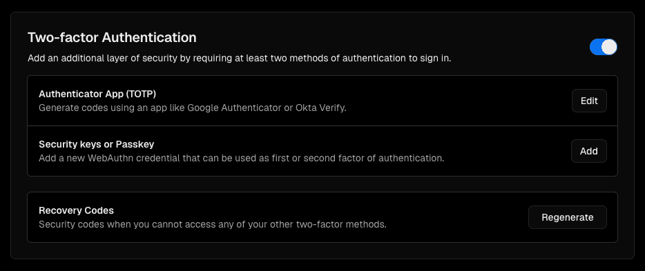 Two-factor authentication settings.