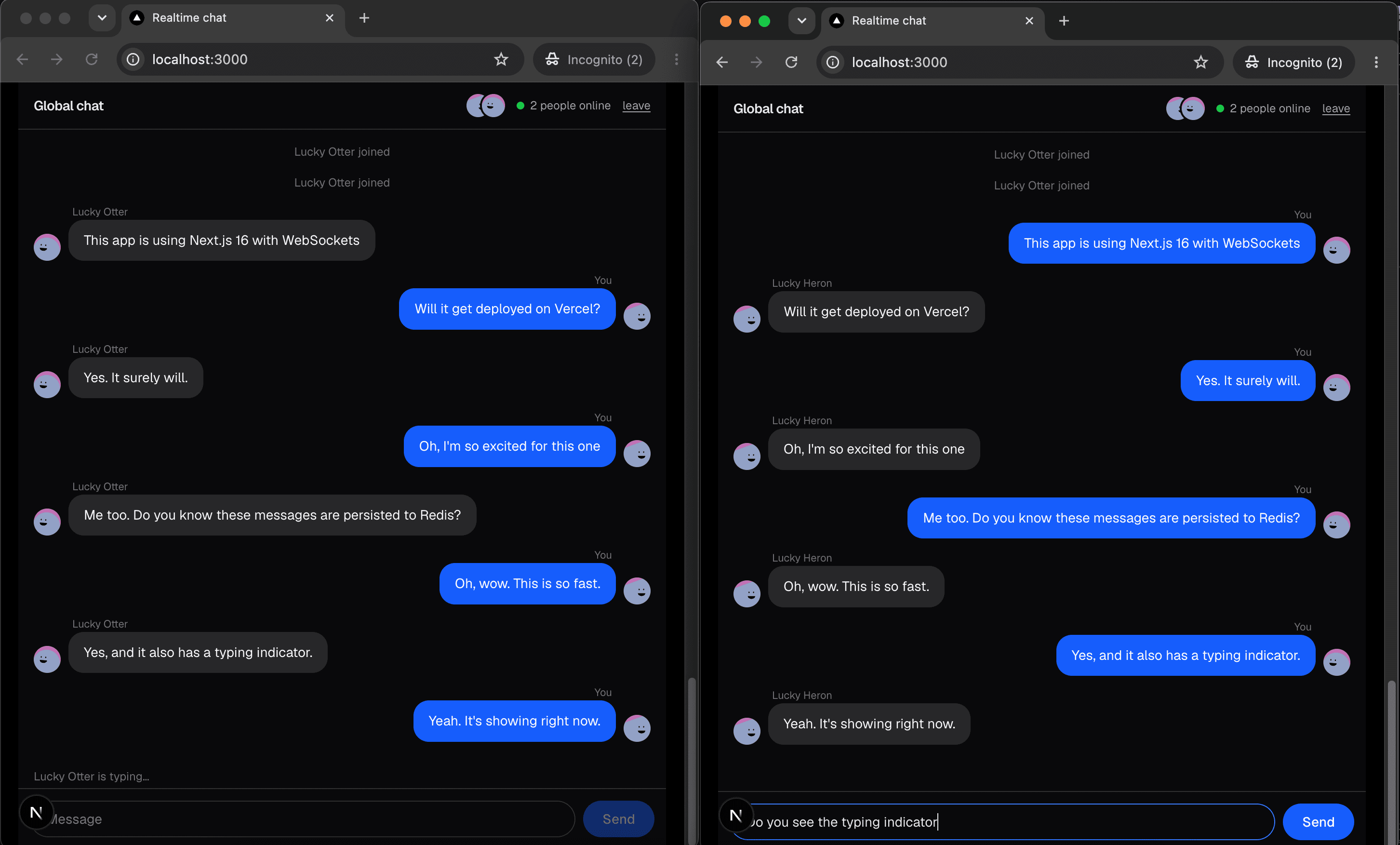 Real-time chat app sending messages and live typing indicator