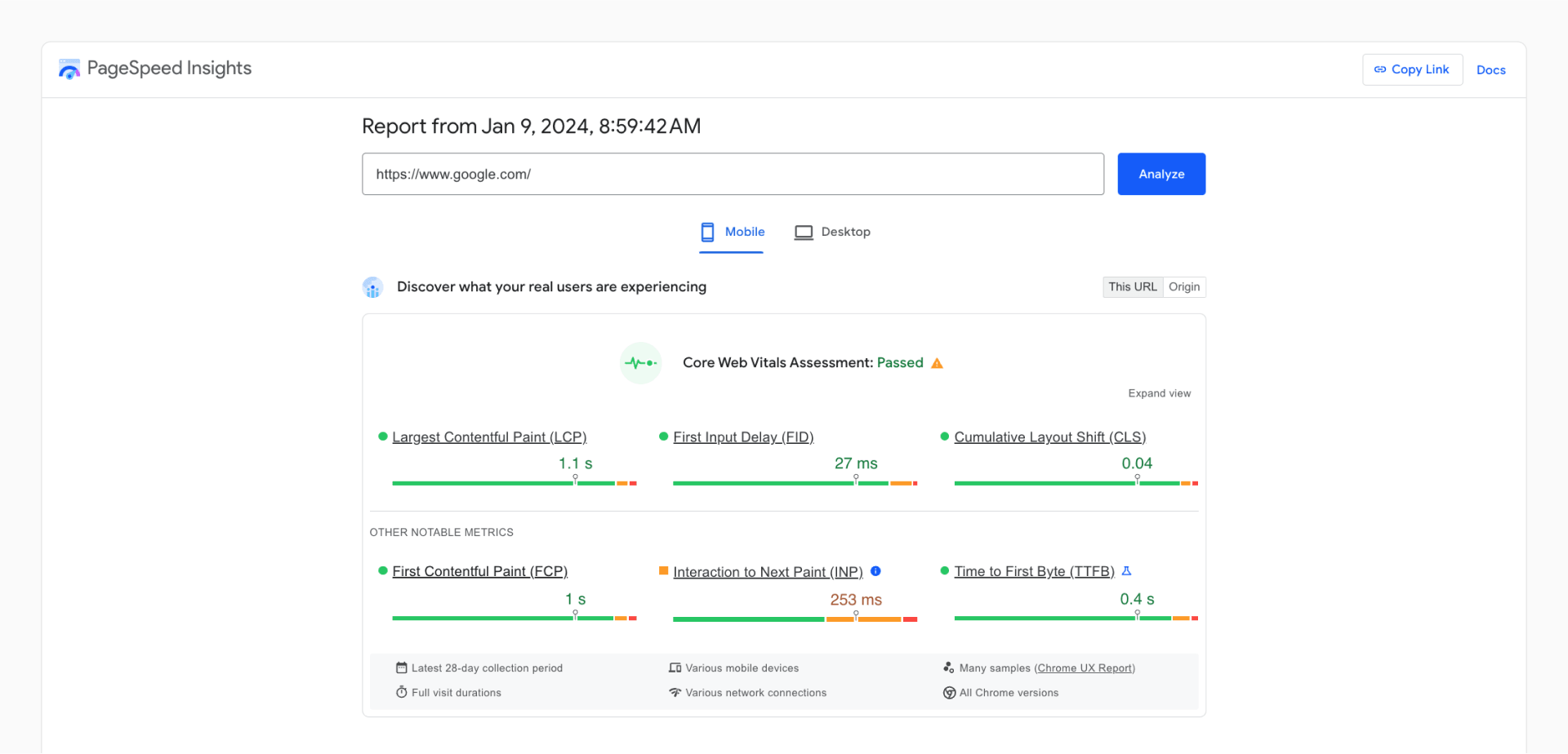 The mobile Core Web Vitals for google.com.