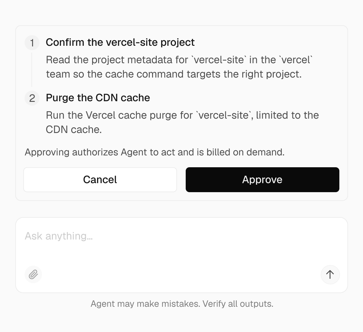 Before it can purge the cache, Vercel Agent proposes a plan and requests access scoped to just that plan, then waits for approval.