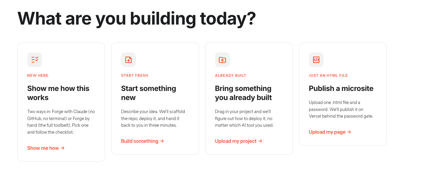 K:Forge's home screen. Employees start from an idea, a project they already built in another tool, or a single HTML file.
