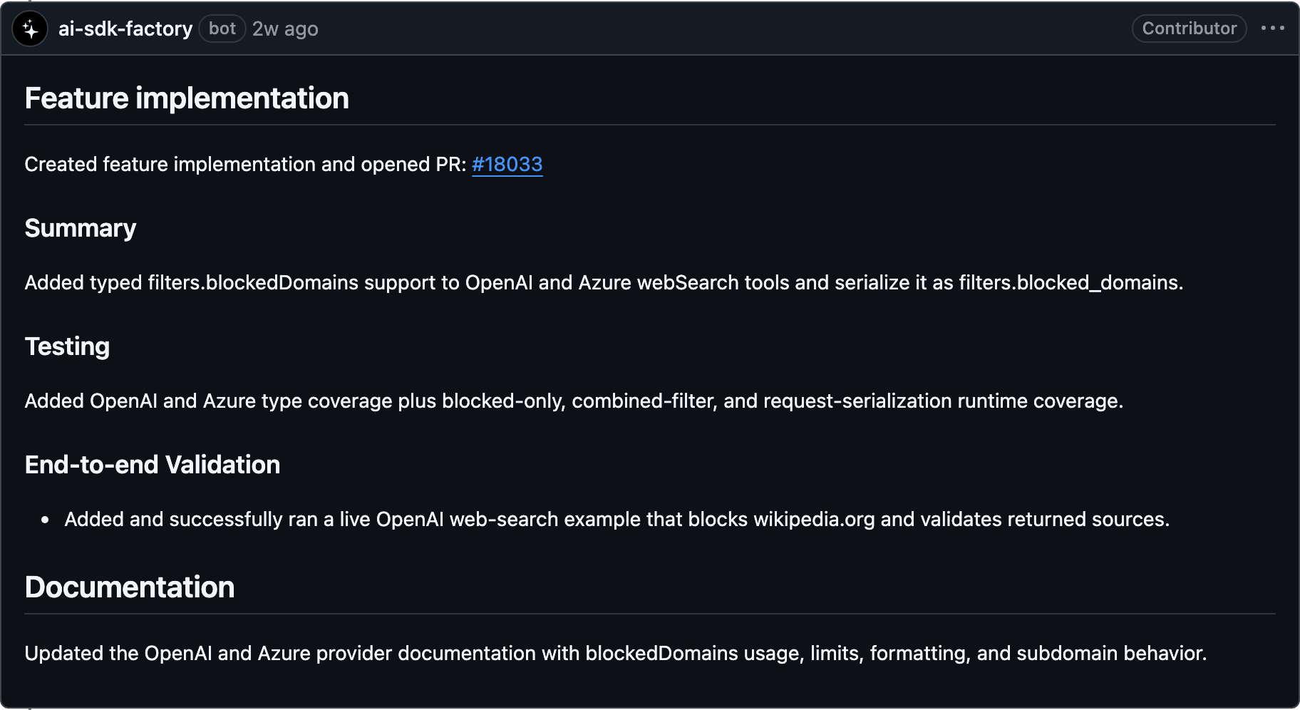AI SDK factory implemented the feature, opened a pull request, and provided evidence