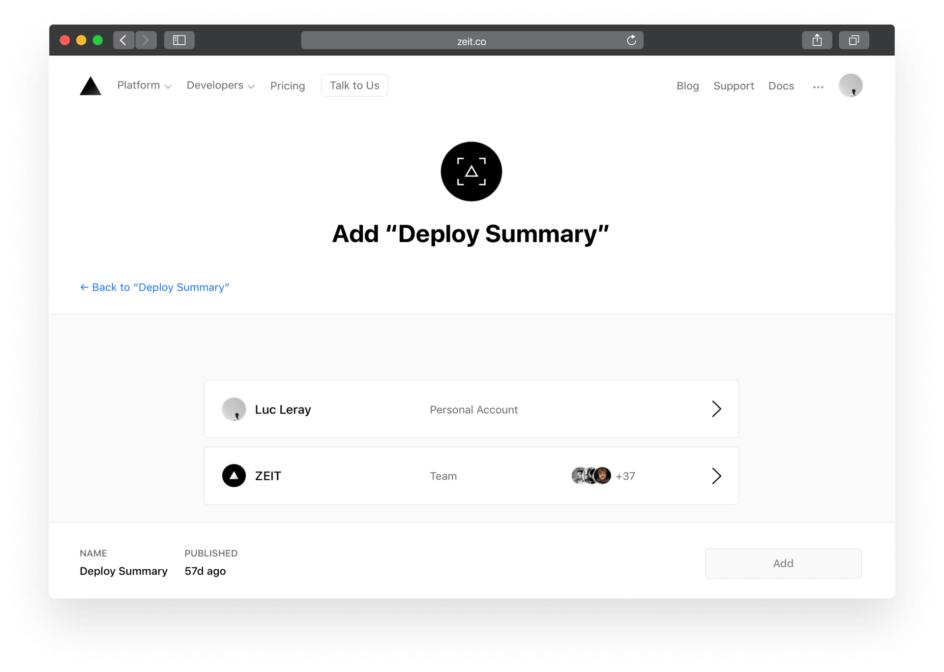 After clicking "Add", choose the account or the team where you would like to install Deploy Summary.