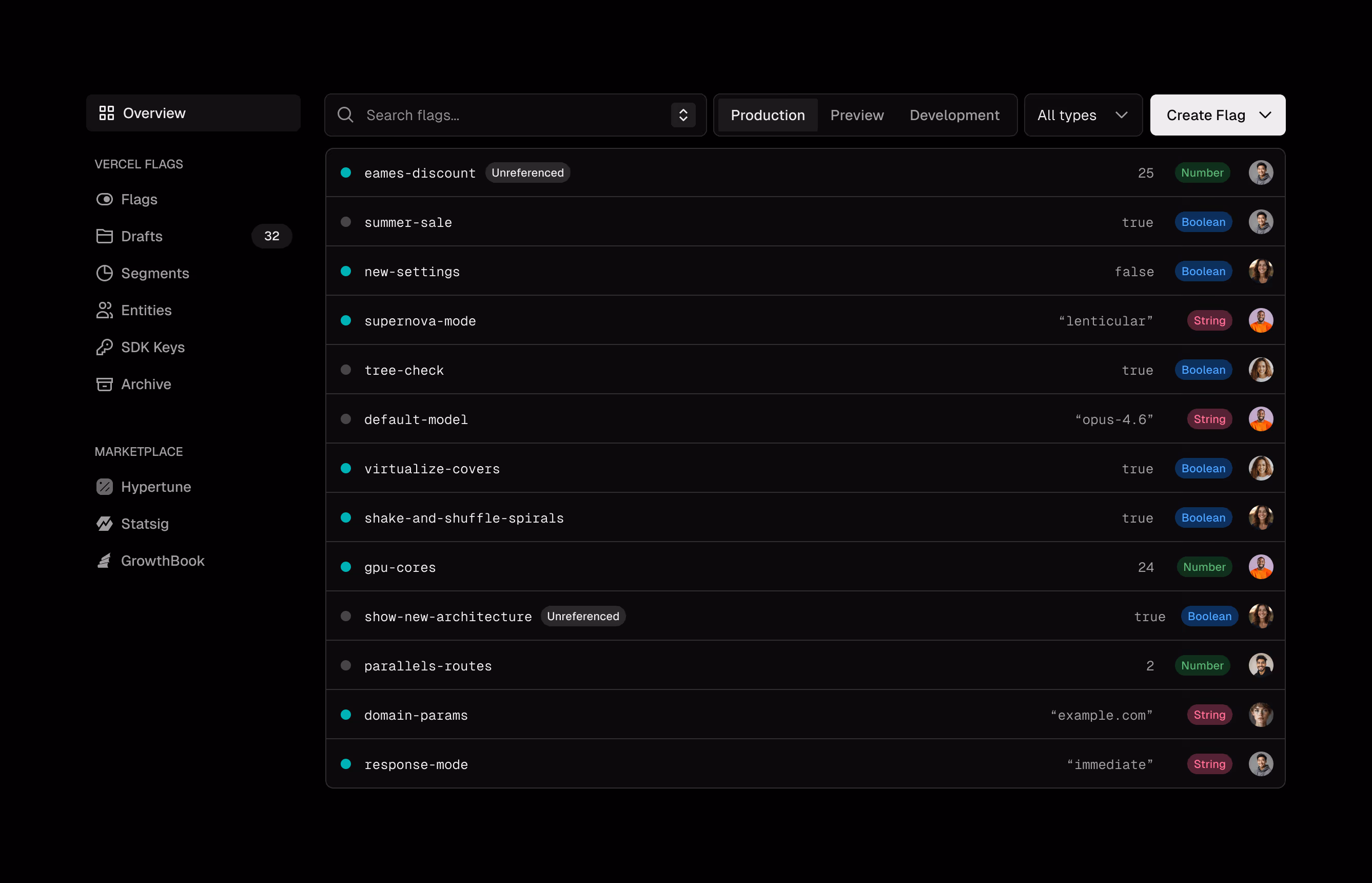 The Vercel Flags dashboard showing a list of active feature flags with their current values and types across Production, Preview, and Development environments