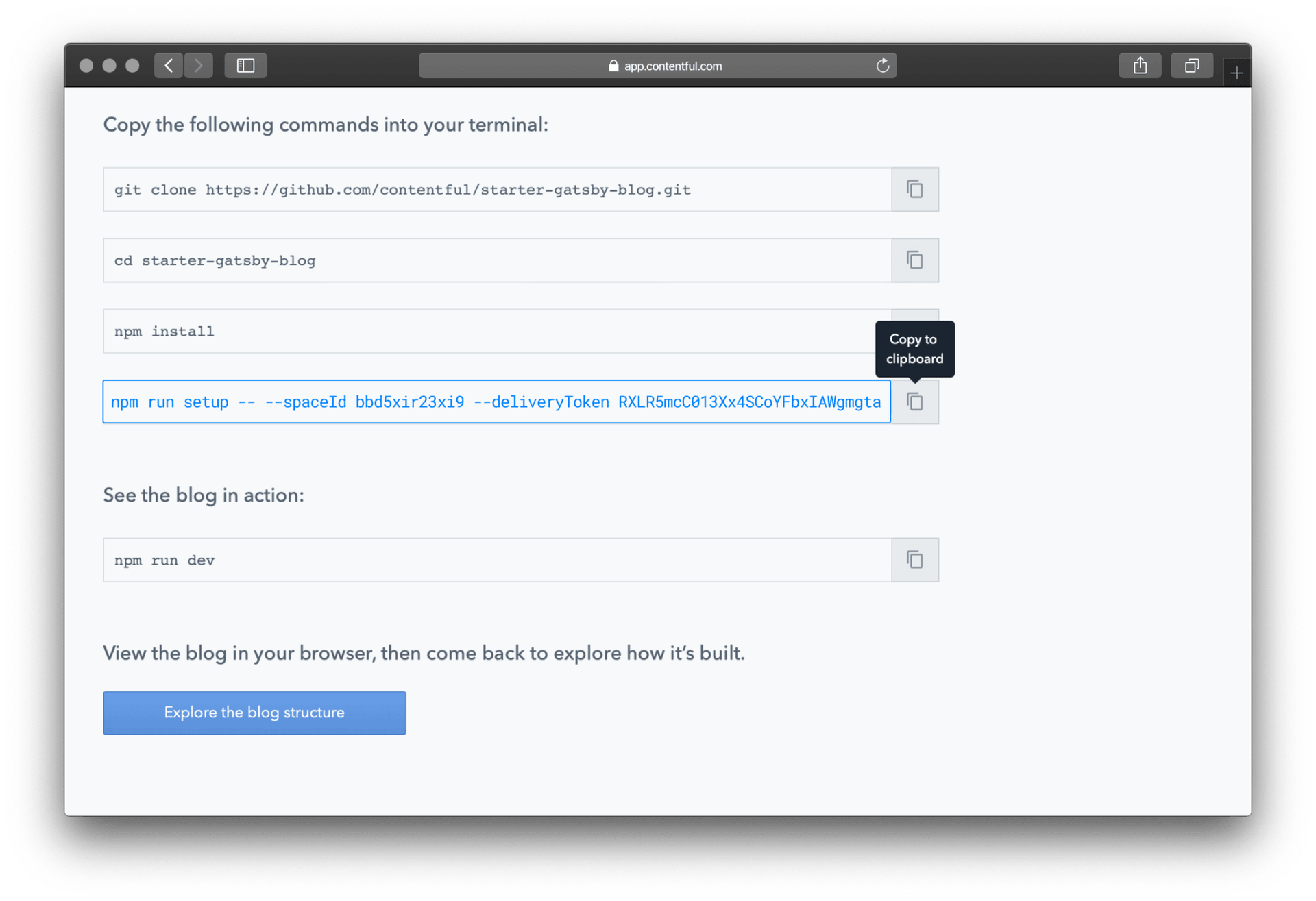 `npm run setup` takes care of setting up the environment variables that Gatsby needs from Contentful.