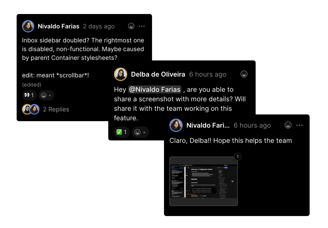 A screenshot of preview comments showing a conversation between Next.js team member and community.