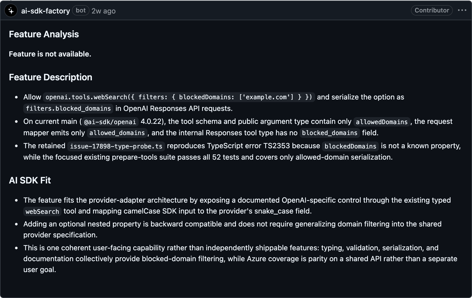 The AI SDK software factory provides a full analysis on the feature request raised in the issue