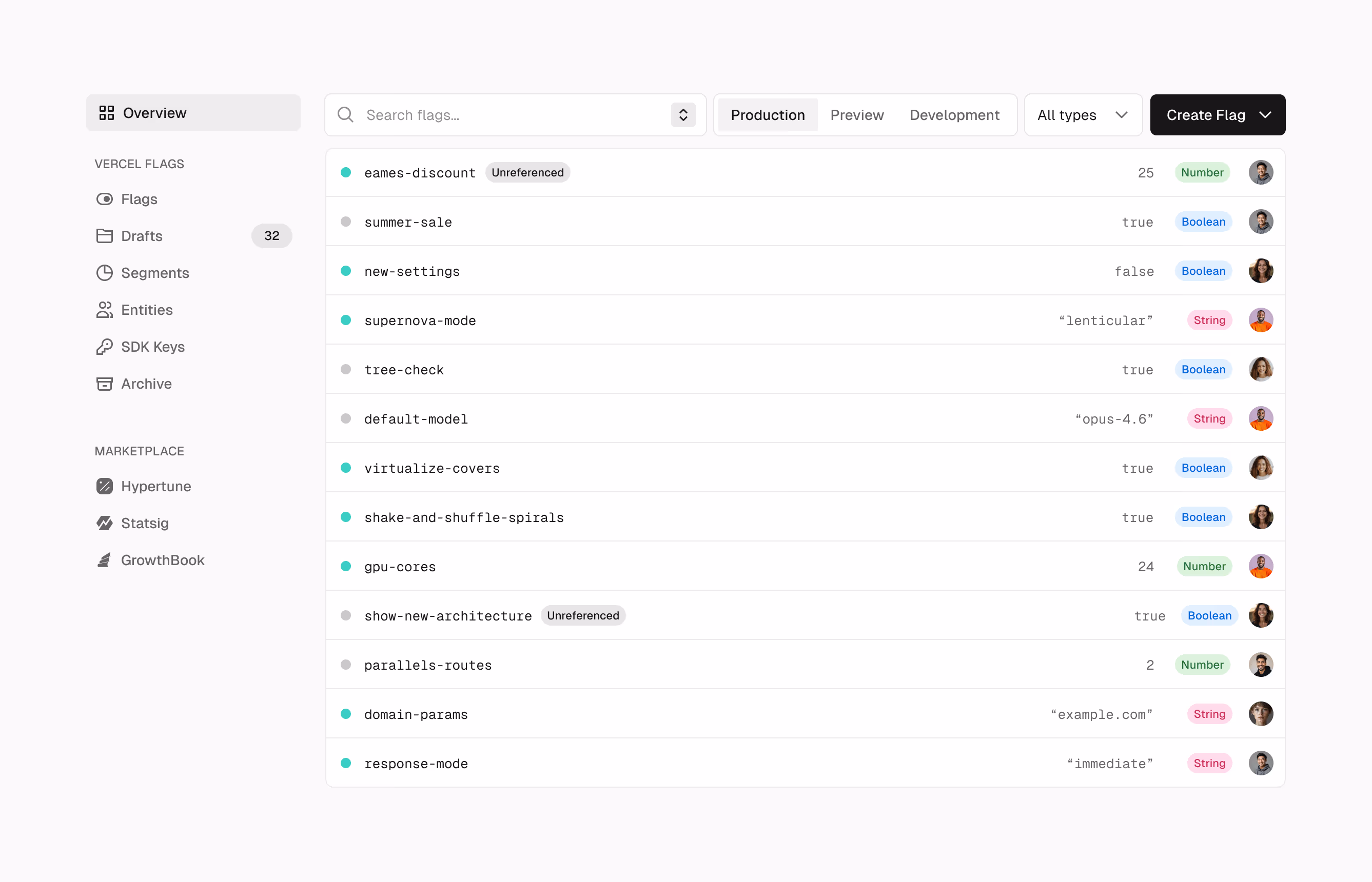 The Vercel Flags dashboard showing a list of active feature flags with their current values and types across Production, Preview, and Development environments