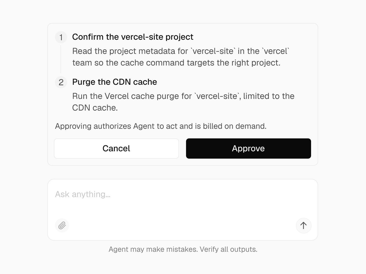 Before it can purge the cache, Vercel Agent proposes a plan and requests access scoped to just that plan, then waits for approval.