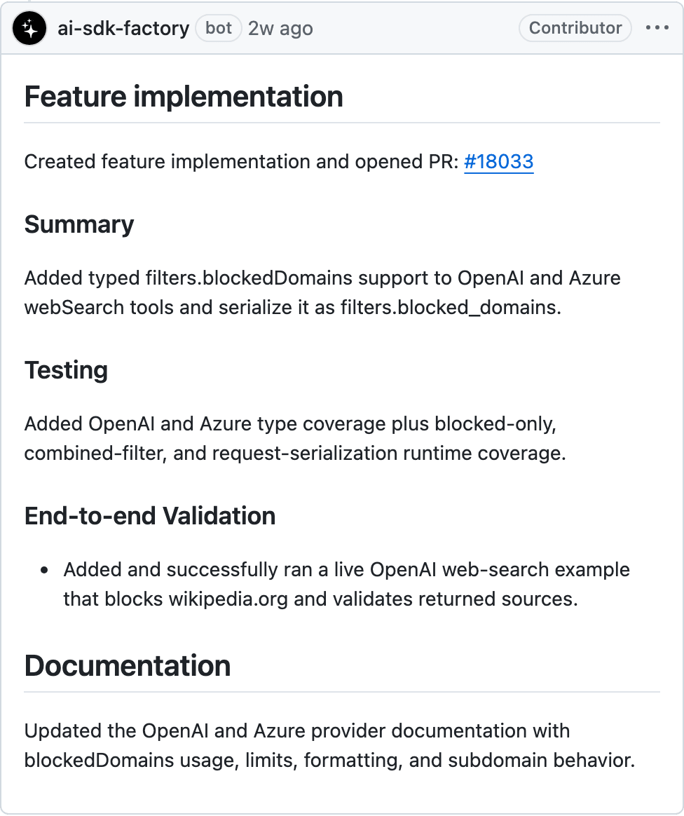 AI SDK factory implemented the feature, opened a pull request, and provided evidence