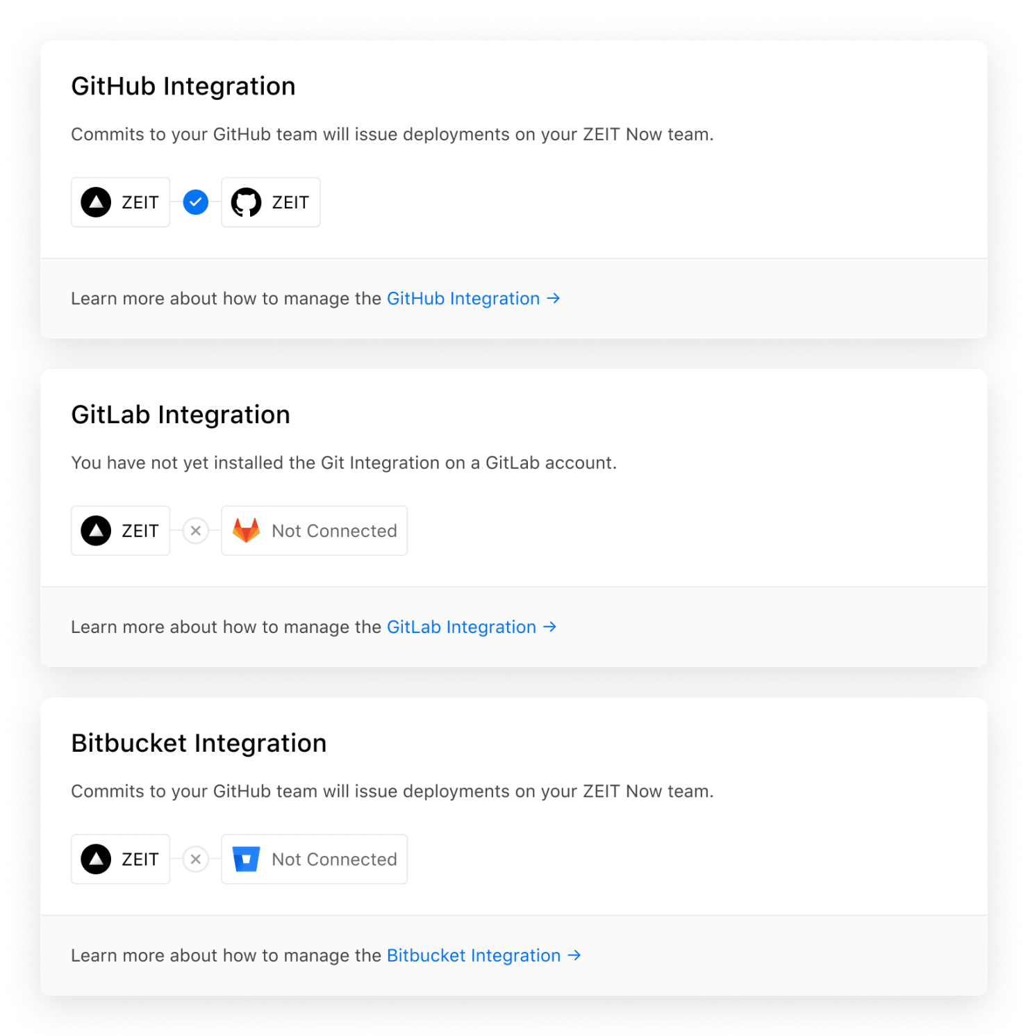 The refined "Git Integrations" settings page for personal accounts and teams.