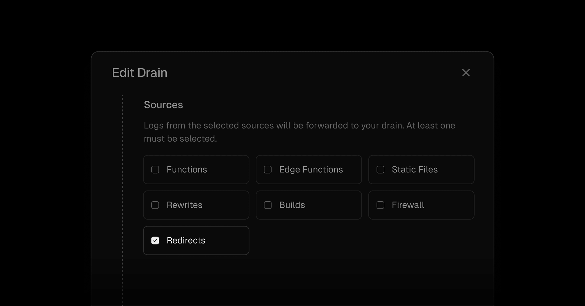 An image showing the Edit Drain modal to opt into Redirect request logs