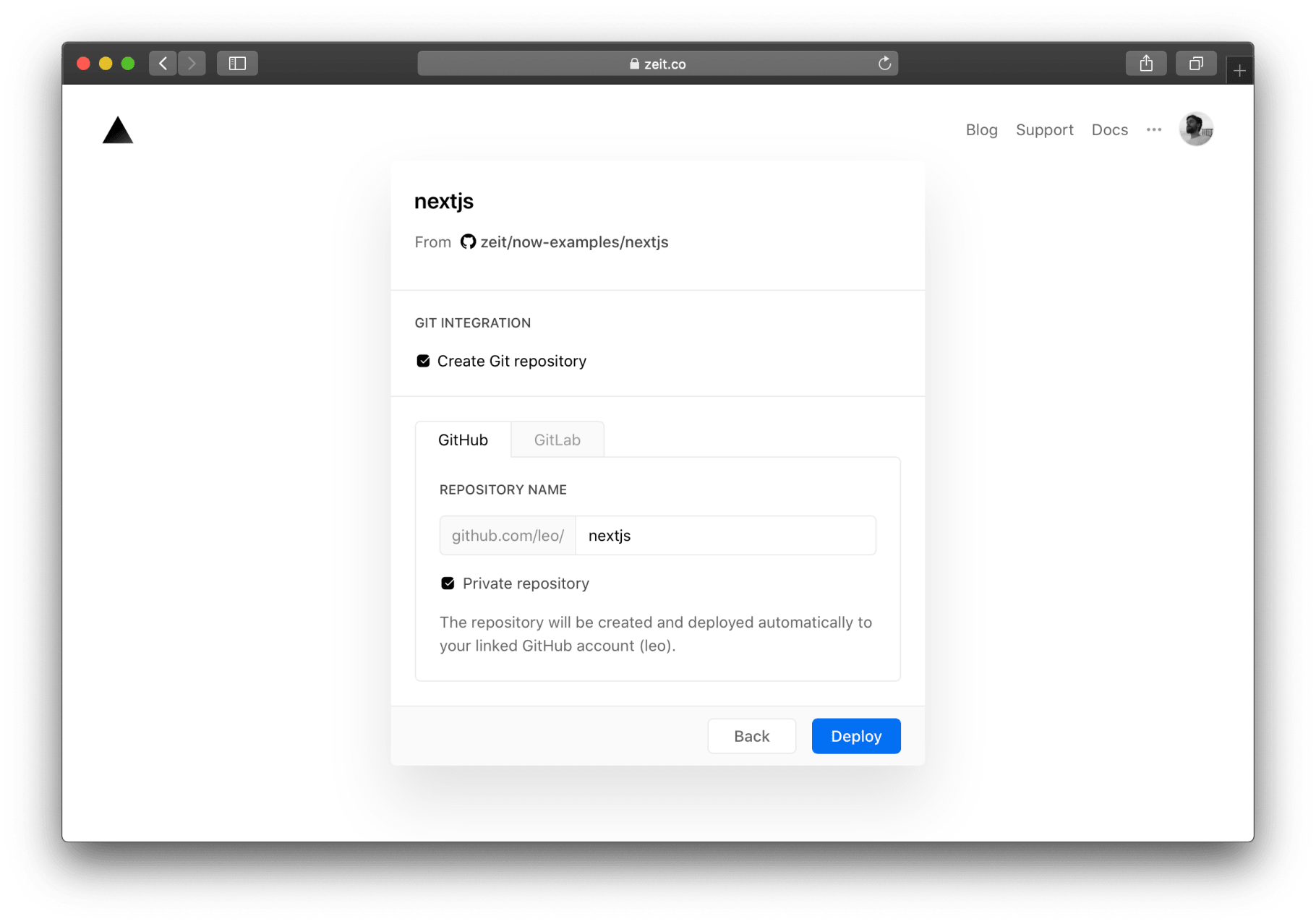 The interface for creating a Git repository for your new project.