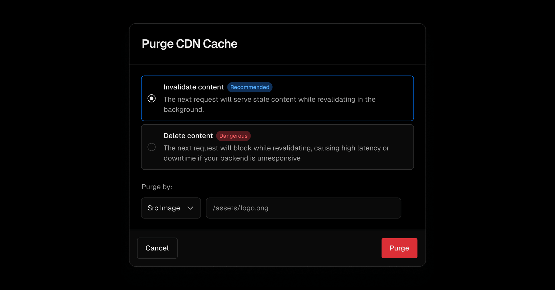 Purge CDN Cache by Source Image Screenshot