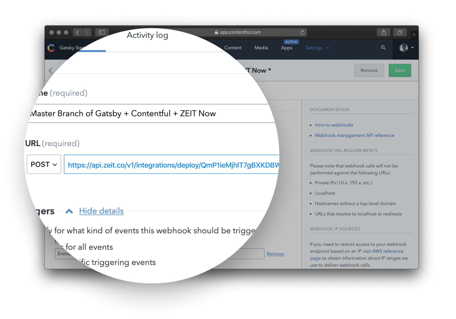 An illustration of a Vercel Deploy Hook set on Contentful. The Deploy Hook ensures a build and deployment each time content is updated.
