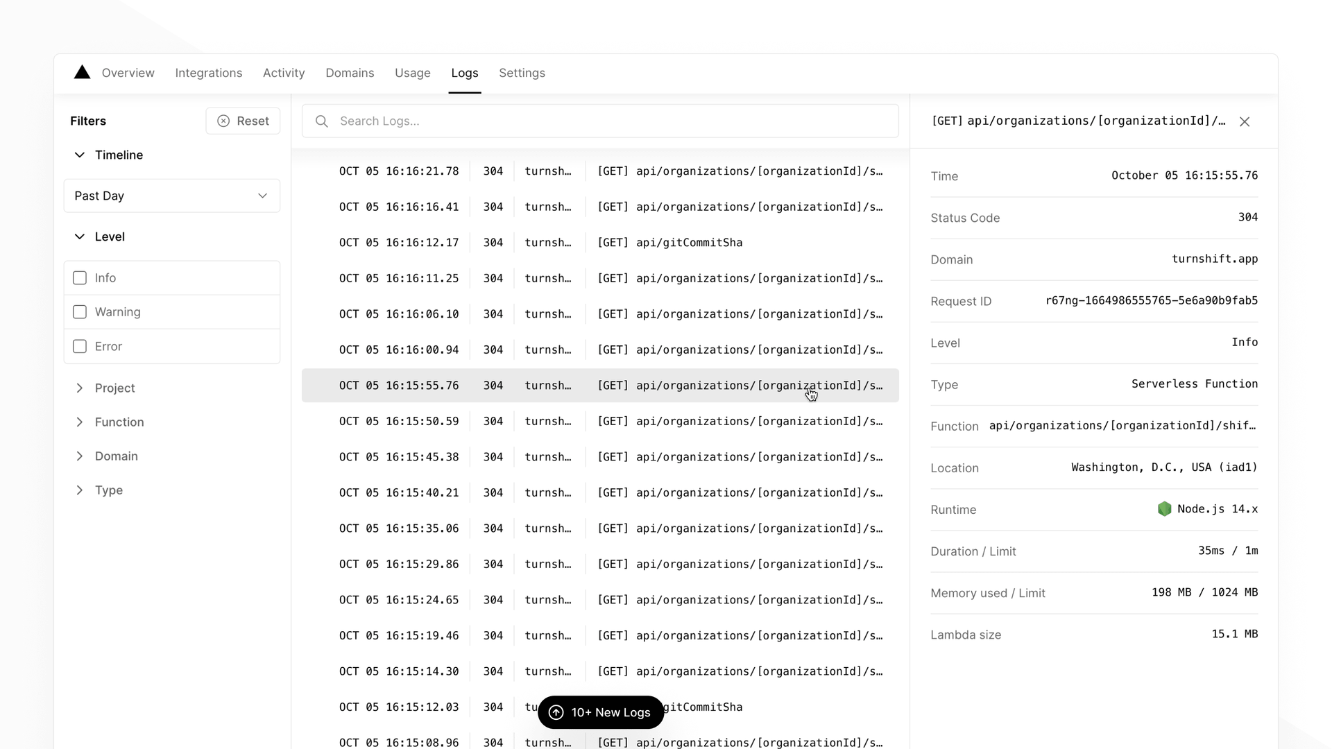 Screenshot on the improved logs UI, showing the logs from an example application. It has three main columns, the left one with filters, the central with the logs' feed, and the right one with the selected log's details