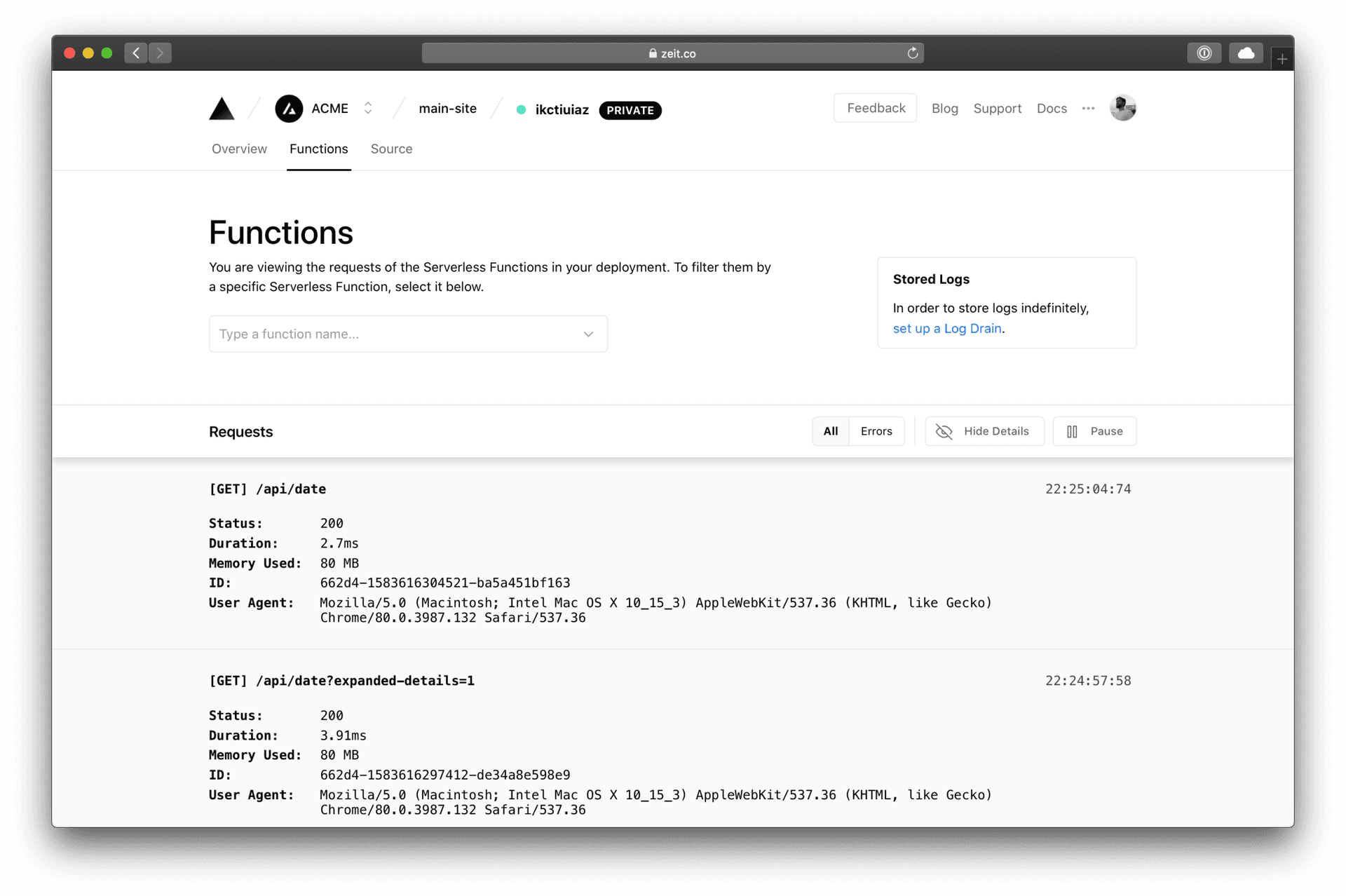 Inspecting the Realtime Requests of a Deployment.