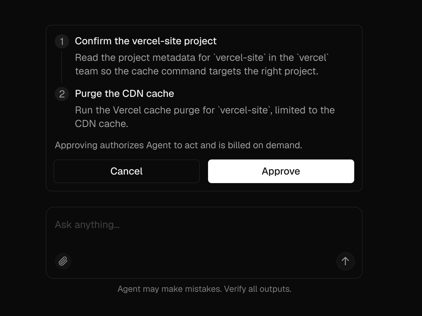 Before it can purge the cache, Vercel Agent proposes a plan and requests access scoped to just that plan, then waits for approval.